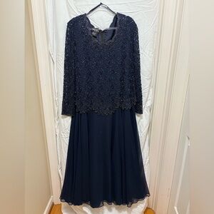 Brilliante by JA Navy Beaded Lace Long Sleeve Gown